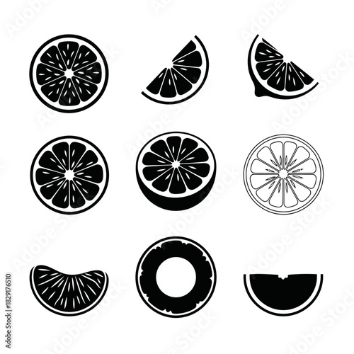 Black and White Citrus Slice Icons Including Orange, Lemon, and Lime Designs
