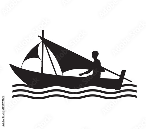  A single person sails a small boat across wavy water silhouette