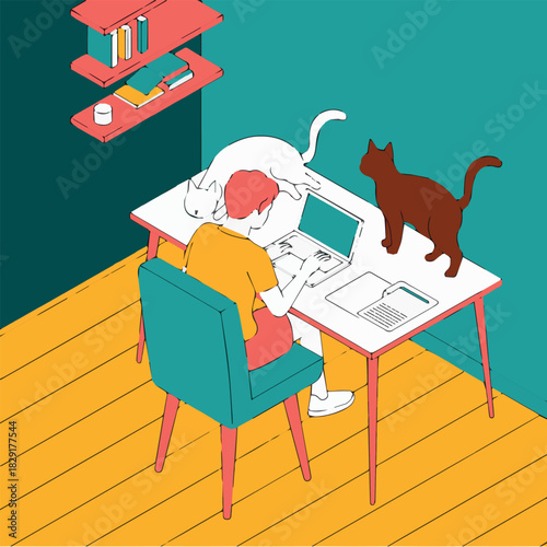 Illustration of man working from home with cats on desk and shelves in background drawing style