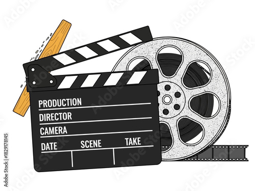 Film Slate and Reel: Movie Production Elements Illustration.
