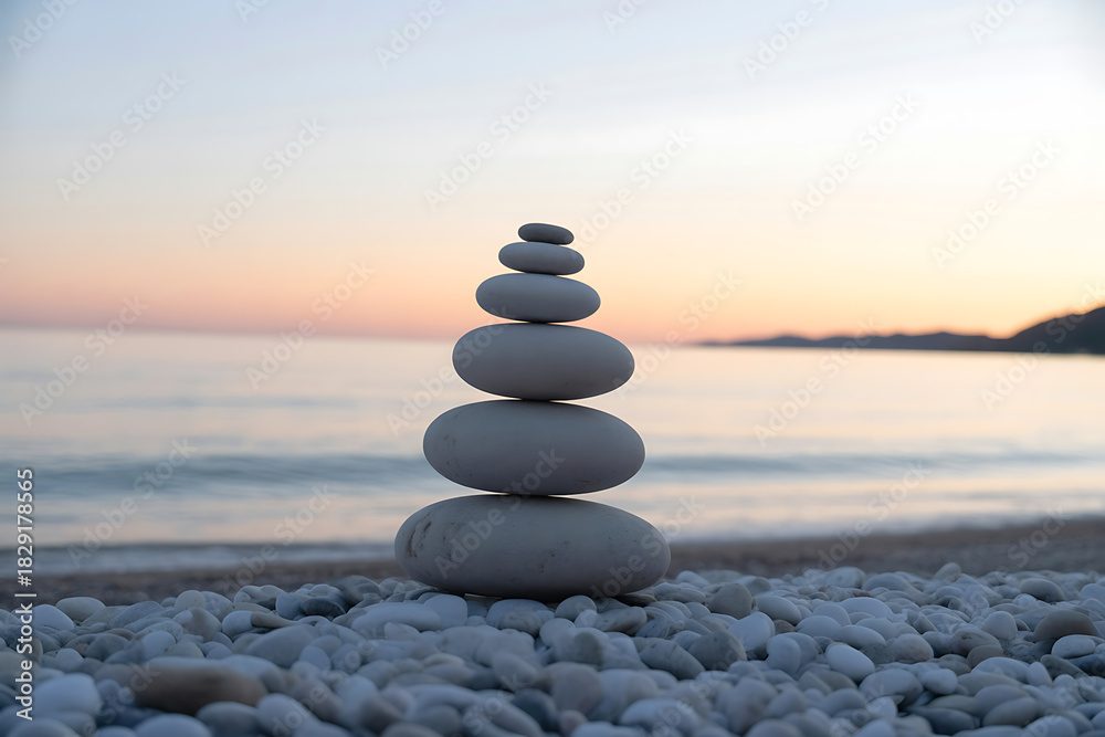 Fototapeta premium Achieve tranquil balance with stacked stones at sunrise on pebble beach for mindfulness and relaxation