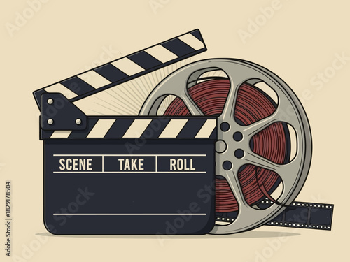 Film Slate and Reel: Movie Production Elements Illustration.