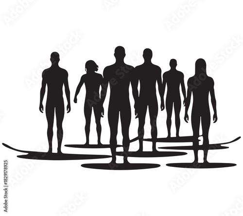  Group of diverse people standing on surfboards in a cohesive silhouette