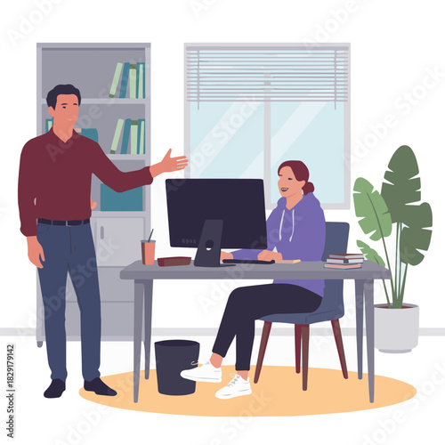 Illustration of office workplace with computer desk and coworkers in a modern office setting