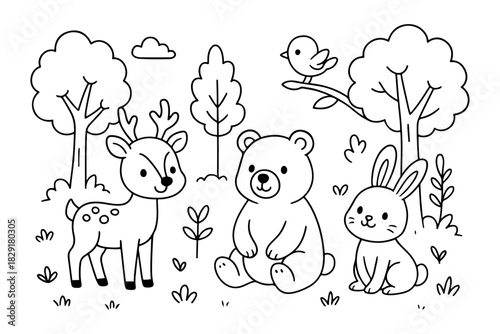 Cute Forest Animals Coloring Page Deer, Bear, Rabbit, and Bird in Nature