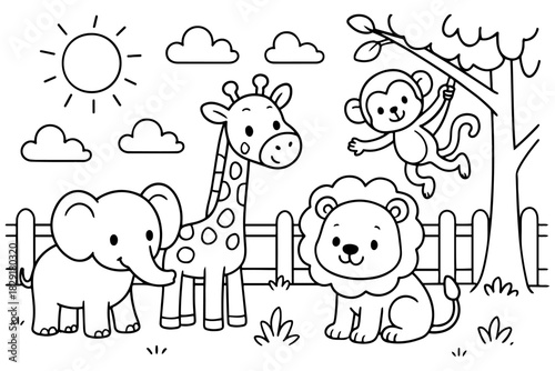 Cute Cartoon Zoo Animals Elephant Giraffe Lion Monkey Playing Outdoors Under Sun