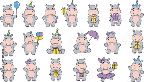 Cartoon hippo characters, festive poses, birthday theme, party accessories, cute animals, playful illustration, celebration icons, children’s design, fun decor