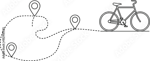 Bicycle ride route map illustration with dashed line path and three location pins, symbolizing cycling journey, bike delivery, travel itinerary, and GPS tracking concept vector outline.
