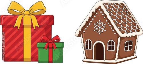 Christmas gift boxes, gingerbread house, holiday illustration, festive decor, wrapped presents, seasonal sweets, winter celebration, cartoon style, icing details, red ribbon, green box