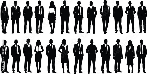 Extensive collection of professional business people silhouettes, featuring men and women in various suits and ties, standing full-length vector illustration set, isolated on white.