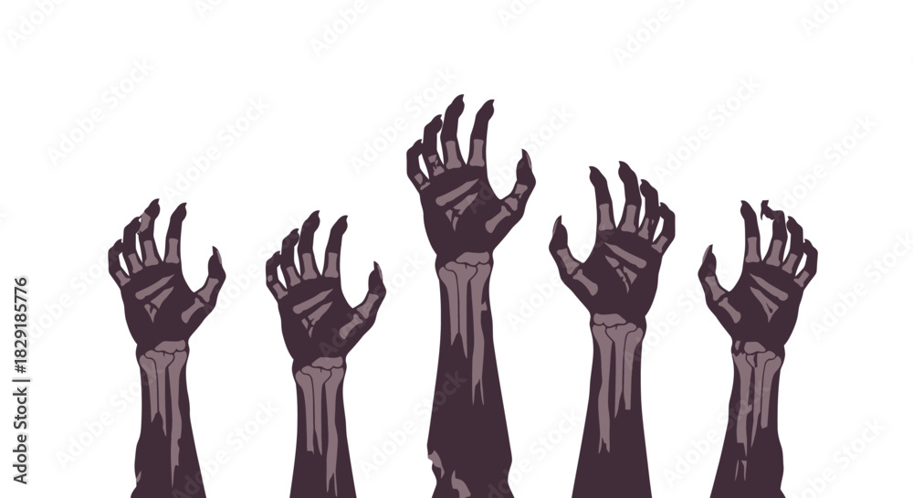Fototapeta premium Five Zombie Skeleton Hands Reaching Up Halloween Illustration