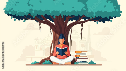 A serene flat design illustration depicting an individual enjoying literature under the iconic banyan tree, symbolizing wisdom and culture. 