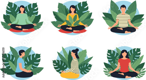 Meditation illustration, peaceful people, tropical leaves, mindfulness pose, wellness art, yoga practice, calm energy, nature connection, mental balance