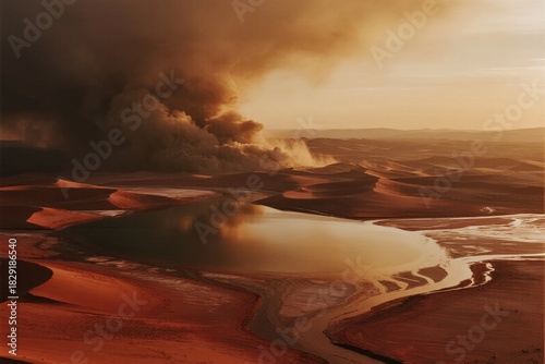 Fototapeta Naklejka Na Ścianę i Meble -  Desert landscape with a reflective water body and dark smoke rising from distant dunes under a golden sky