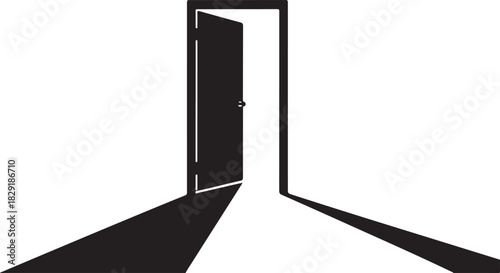 Open door silhouette illustration in black color with threshold and bright light