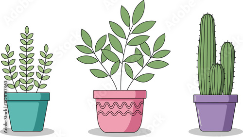 Potted plant illustration, teal pot, pink pot, purple pot, leafy stems, cactus, houseplants, indoor greenery, decorative pots, botanical art, home decor, plant collection, succulent, foliage