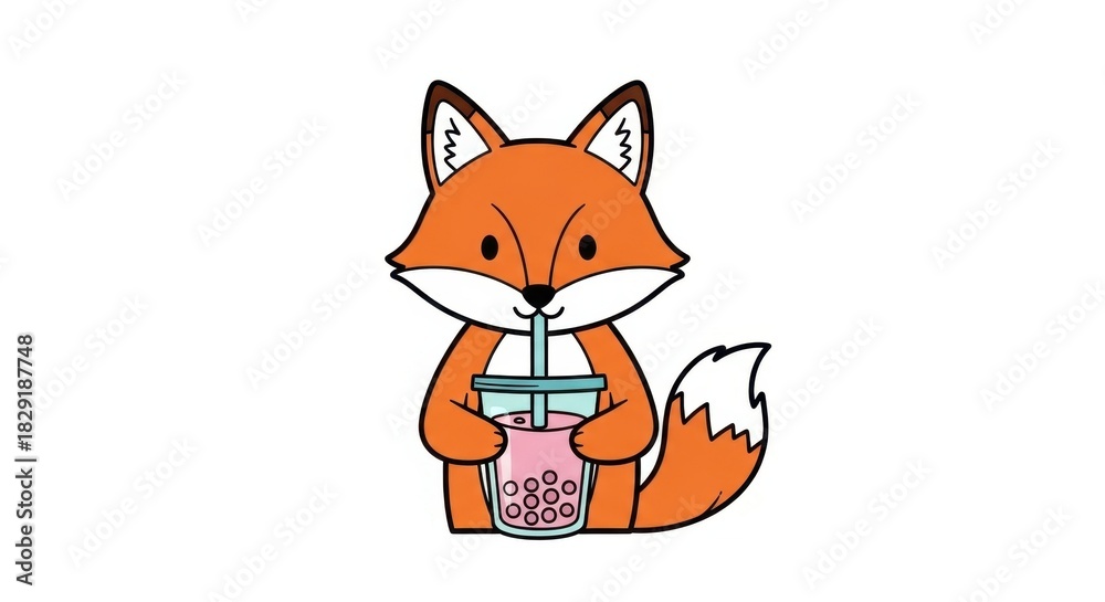 Obraz premium Adorable fox character enjoying a refreshing bubble tea on a white background illustration