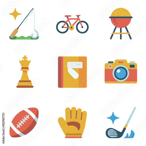 Weekend hobbies icons, fishing pole, road bicycle, backyard grill, chess rook, travel camera, football, catcher glove, book