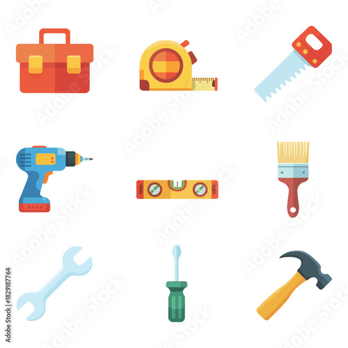 Workshop tools set, toolbox, tape measure, handsaw, paint brush, power drill, level, wrench, screwdriver, hammer, home maintenance icons