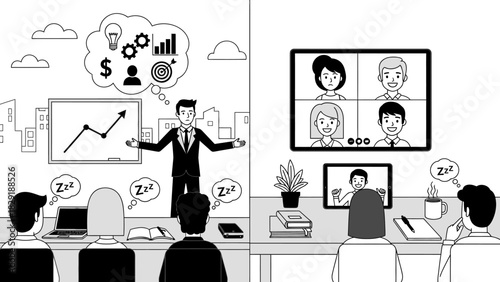 Business Presentation with Video Conference and Sleepy Audience Sketch Style