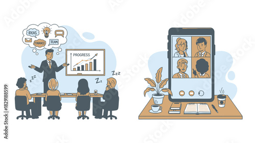 Conference meetings vector illustration showcasing in-person meeting and virtual video call
