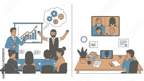 Business meeting in person versus virtual conference illustration presentation