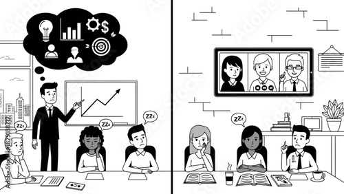 Monochrome illustration depicting in-person and virtual business meeting scenarios
