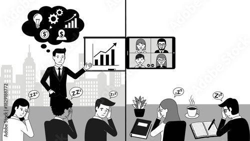 Monochrome Business Meeting Fatigue in Person and Virtually with Poor Engagement