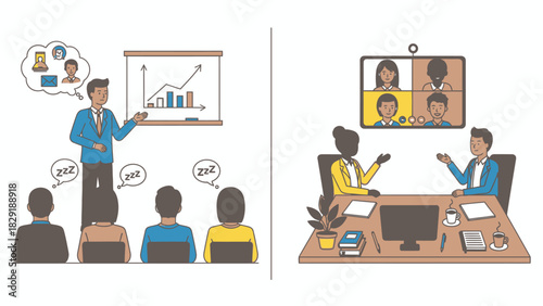 Hybrid meetings contrasting boring presentation with engaging video conference illustration