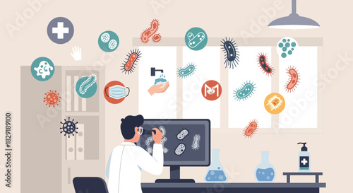 Conceptual illustration of a scientist researching viruses in a laboratory environment during a