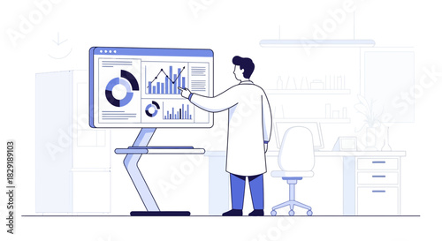 Illustration of a scientist analyzing data on a large interactive screen in a modern laboratory