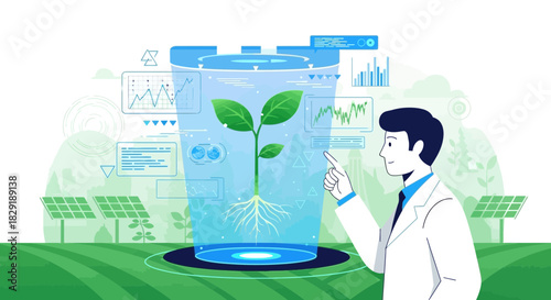 Innovative scientist analyzing plant growth with advanced technology in a futuristic setting