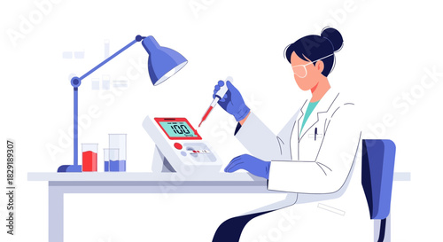Scientist in lab coat working with pipette and measurement device with display screen in