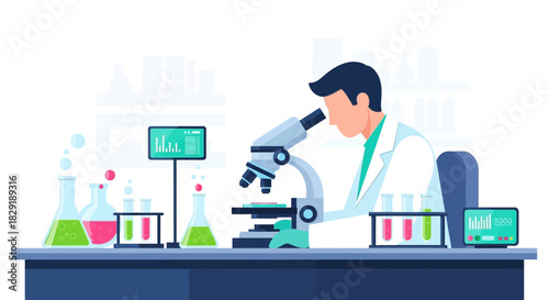Scientist researching in laboratory using microscope and various chemical substances