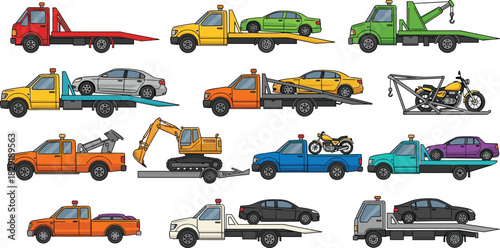 Tow truck and vehicle recovery illustration set, flatbed, wheel-lift, boom, motorcycle transport, heavy machinery, roadside assistance concept
