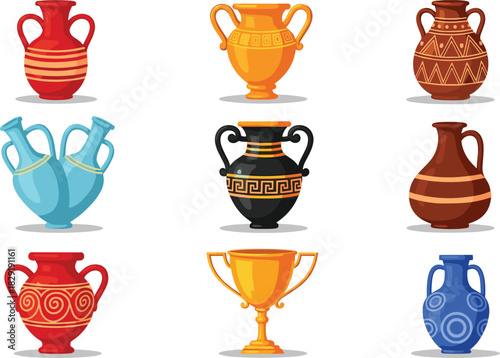 Vase and urn collection, pottery illustration, artistic vessels, cultural design, ceramic art, cartoon style, ancient pottery, decorative jars, symmetrical grid, colorful ceramics, traditional shapes