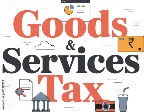 Goods and services tax or gst text with credit card and icons on transparent