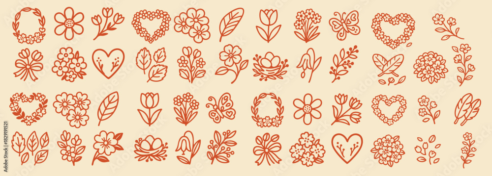 Fototapeta premium Hand drawn floral line art icons in terracotta orange, repeating rows of wreaths, hearts, blossoms and leaves on beige background for spring stationery and feminine branding