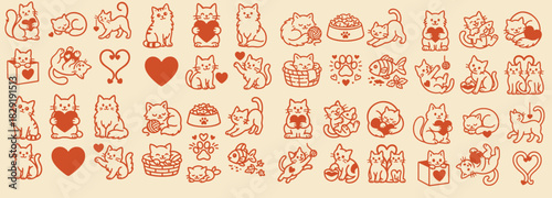 Cute line art valentine cats set with hearts and fish, seamless horizontal row of orange cartoon kittens in different poses on warm cream background, playful flat vector style