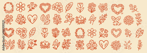 Hand drawn floral line art icons in terracotta orange, repeating rows of wreaths, hearts, blossoms and leaves on beige background for spring stationery and feminine branding