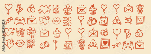 Hand drawn doodle style valentine icons row with hearts, rings, tulips, love letters, cupcakes, kissing birds and february 14 calendars on beige background