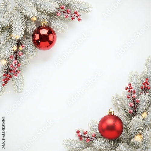 Elegant Christmas card design with pine and ornaments.