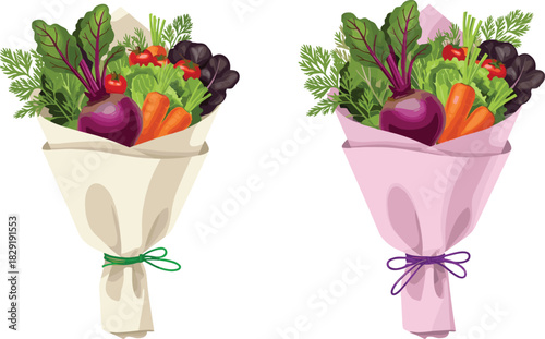 Vegetable bouquet illustration, fresh carrots, cherry tomatoes, leafy greens, herbs, beetroot, eco gift, healthy decor, creative food wrap