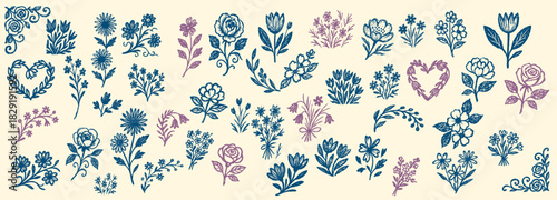 Hand drawn folk art floral vector set with blue and mauve flowers, heart wreaths and ornamental branches scattered in horizontal border on cream background