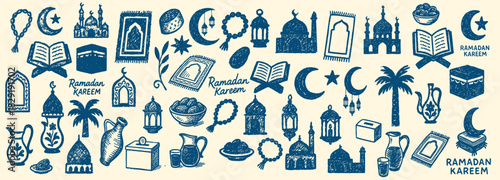 Hand drawn ramadan kareem doodle style vector art with blue mosque domes, lanterns, crescent moons, palm trees and quran symbols arranged in horizontal banner layout