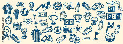 Hand drawn doodle style football icons set with jerseys, boots, trophies, whistles and scoreboards arranged in horizontal seamless banner on beige background