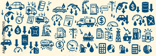 Hand drawn doodle style fuel icons border showing falling gasoline prices, cars and oil industry symbols with blue sketch look on beige background, horizontal layout