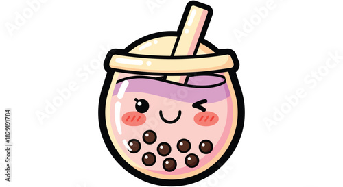 Cute Kawaii Purple Boba Milk Tea Cartoon Winking Mascot