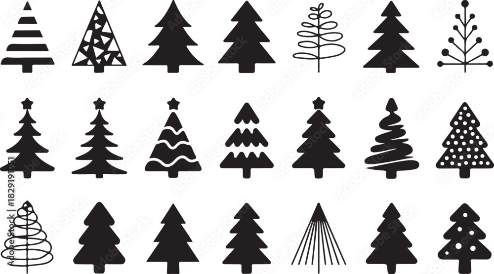 Obraz premium Set of stylized evergreen fir trees with transparent background in silhouette