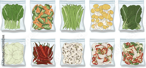 Vegetable storage bags, spinach, carrots, mushrooms, peppers, onions, meal prep, healthy food, cooking ingredients, kitchen organization, fresh produce, sliced vegetables, food prep, chili